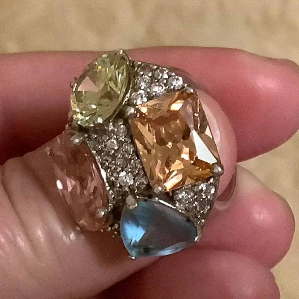 𝅺sterling SILVER MULTICOLOUR CRYSTALS WOMAN RING SIZE US 6.5​